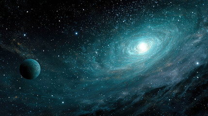 Fototapeta premium A view of a planet and a spiral galaxy with bright center from deep space with many stars visible