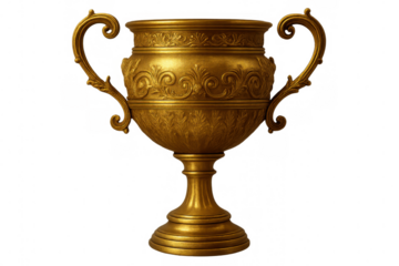 Golden trophy gleaming with ornate handles, detailed engravings highlighting achievement against transparent backdrop