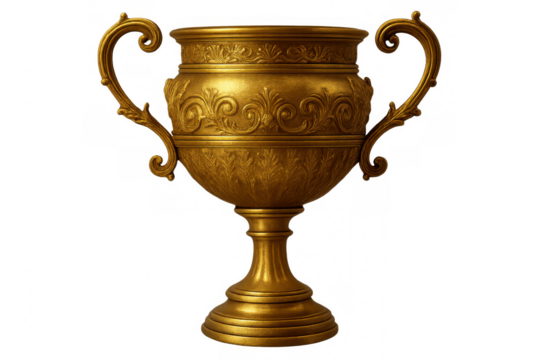 Golden trophy gleaming with ornate handles, detailed engravings highlighting achievement against transparent backdrop