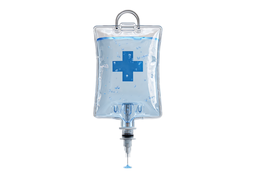 IV bag with a blue cross, ready for use.
