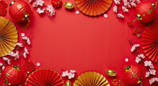 Festive still life 2026 lunar new year concept with traditional red lanterns, paper fans, cherry blossoms on red background. Flat lay, top view, copy space