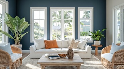 Modern Coastal Living Room with Navy Walls, Comfortable Seating, and Bright, Fresh Aesthetic