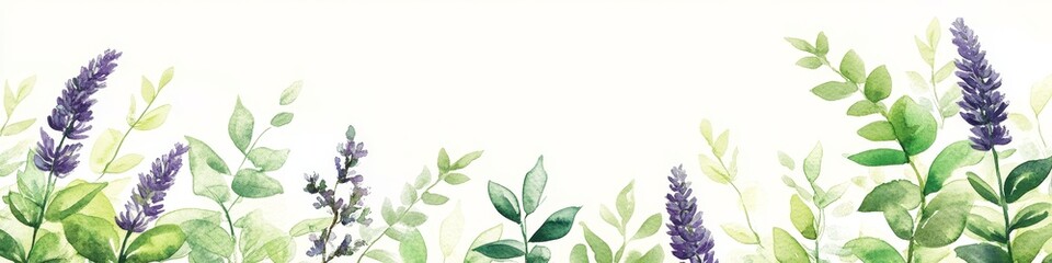 Fototapeta premium Gentle Watercolor Pastel Green and Lavender Floral Design with Delicate Plants for Spring Ambiance