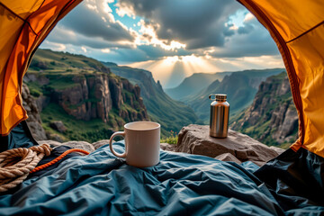 Scenic view from camping tent with mug and water bottle outside  