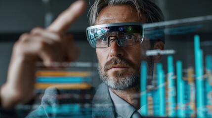 Businessman analyzing data trends with augmented reality glasses in a modern office space.