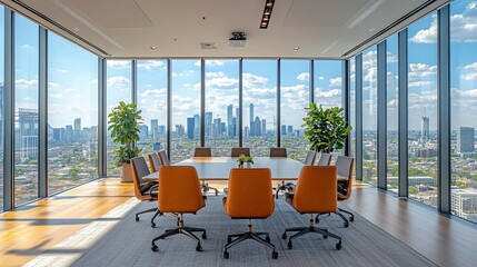 Modern Conference Room with City View and Large Windows for Professional Setting and Meetings 