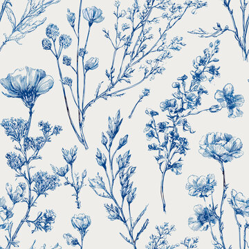 Seamless Pattern Blue and White Hand Sketched Wild Flowers with Delicate Ink Linework on Textured Paper Background 