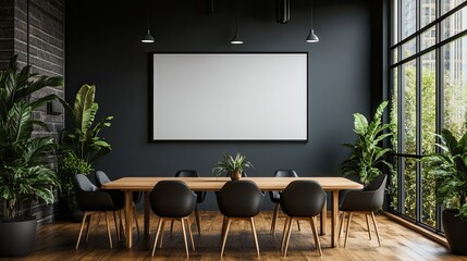 Modern Conference Room with Dark Gray Walls, Wooden Table, Black Chairs, and Blank Wall for Ads 