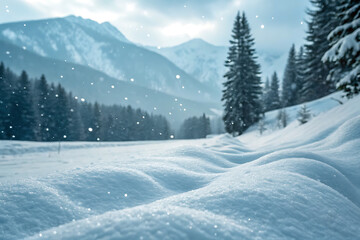 Fototapeta premium Gentle snowfall in a serene mountain landscape with evergreen trees