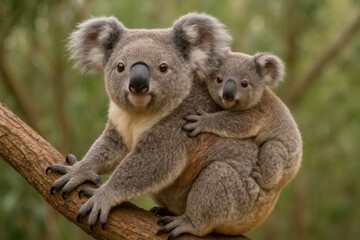 A mother koala and her joey share a gentle embrace on a tree branch