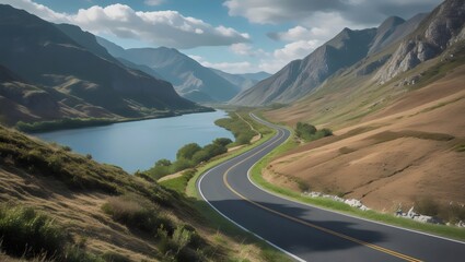  Scenic Mountain Road: Winding Highway Alongside a Serene Lake
