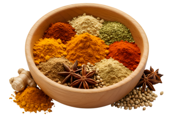 Isolated PNG Close Up of Colorful Spices in Wooden Bowl Collection