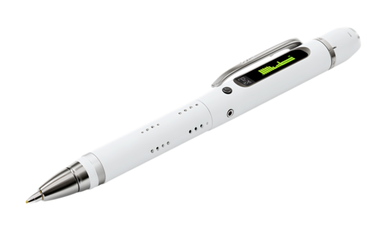 Sleek white digital pen with a modern design.