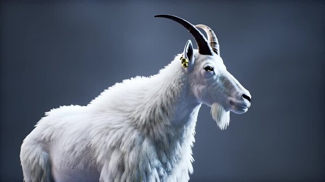 Close Up of White Mountain Goat with Small Ear Tags on Gradient Background Wildlife Mammal with Curved Horns and Fluffy Fur Distinctive Fauna Isolated Portrait