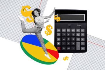 Creative collage image of excited smiling lady showing earning money presentation isolated beige color background