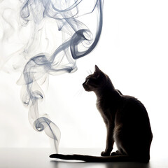 Silhouette of a cat sitting beside swirling smoke against a transparent background. The cat is dark with distinct features, creating a striking contrast.