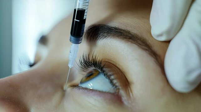 Doctor injecting botox into woman's forehead to remove wrinkles in a clinic of aesthetic medicine