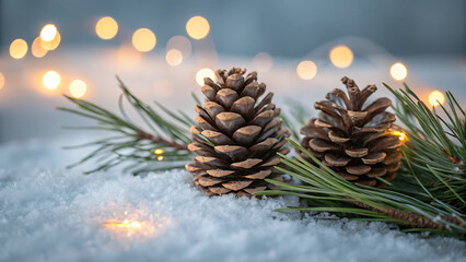 Fototapeta premium Two pinecones and pine needles resting in soft snow with blurry festive lights