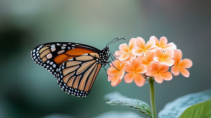 Fototapeta premium Realistic photo of a monarch butterfly resting on a vibrant flower with intricate wing patterns and colors in sharp focus.