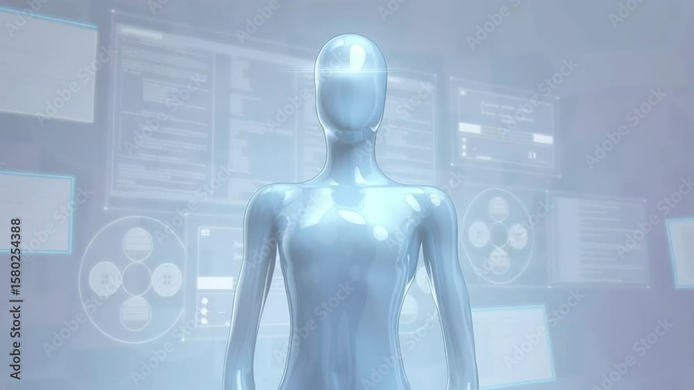 Poster animation. futuristic humanoid figure with a glossy surface stands in a high-tech environment, illum