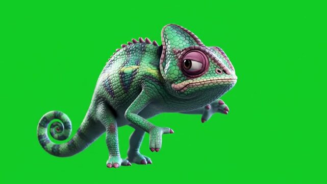 3D cartoon chameleon doing balance poses, one foot stance, green screen background