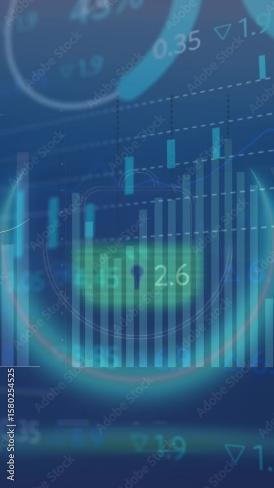 Poster animation of statistical data processing over glowing battery button icon against blue background