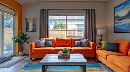 Modern Cozy Living Room with Vibrant Colors, Comfortable Seating, and Bright Decor 