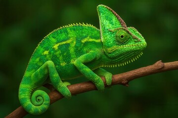 Obraz premium A serene green chameleon perches on a branch, its vibrant colors contrasting with the dark forest backdrop