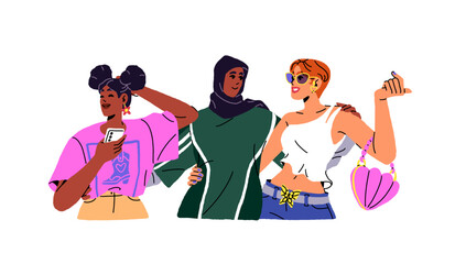 Group of diverse young women walks together. Happy friends smile, hug, support each other. Joyful girls cuddle, talk. International friendship. Flat isolated vector illustration on white background