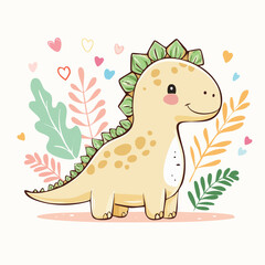 Cute Stegosaurus Dinosaur with Leaves and Hearts &ndash; Adorable Cartoon for Kids & Nursery Decor

