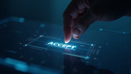 A hand taps "Accept" on a holographic e-signature pad with a cool LED glow and hyper-realistic finish. Shallow focus.