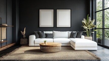 Modern Dark Gray Living Area with White Sectional Sofa, Wooden Dining Table, and Framed Posters 