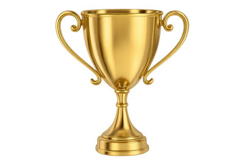 Golden trophy cup with curved handles gleaming against transparent backdrop, symbolizing triumph and excellence