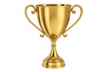 Golden trophy cup with curved handles gleaming against transparent backdrop, symbolizing triumph and excellence