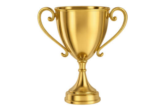 Golden trophy cup with curved handles gleaming against transparent backdrop, symbolizing triumph and excellence