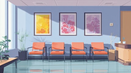Hospital Waiting Room Features Modern Decor With Colorful Posters and Minimal Seating for Patients Seeking Care