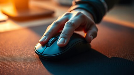 Macro shot of a hand clicking a wireless mouse on a textured desk pad, showcasing technology's modernity and precision.