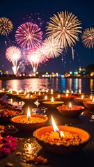 Night festival by river with fireworks