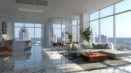 Fototapeta premium Modern urban living room with floor-to-ceiling windows and contemporary furnishings showcasing city views.