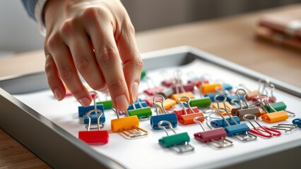A hand arranges colorful binder clips on a desk tray in soft light. The high-res photo captures the texture and precision of the organized arrangement.