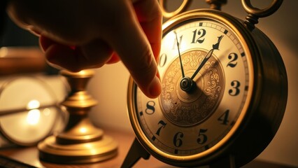 A hand turns a vintage clock in warm light. Intricate details and shallow depth of field create a nostalgic, intimate scene.
