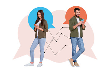 Naklejka premium Composite collage of two funny lovers hold phone chatting communicate round cloud contact together messenger isolated on white background