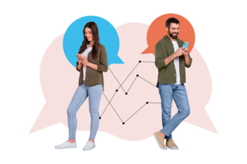 Composite collage of two funny lovers hold phone chatting communicate round cloud contact together messenger isolated on white background