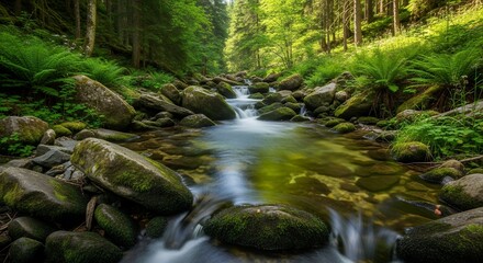 Obraz premium Lush green forest stream flows swiftly over mossy rocks and smooth boulders surrounded by ferns and trees, concept for travel promotion, concept for environmental awareness and concept for nature