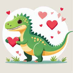 Cute Cartoon Dinosaur Holding Heart with Love Symbols – Adorable Valentine’s Day or Friendship Illustration

