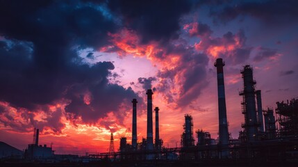 Obraz premium Silhouetted industrial structures against a vibrant sunset sky, showcasing the raw beauty of manufacturing.