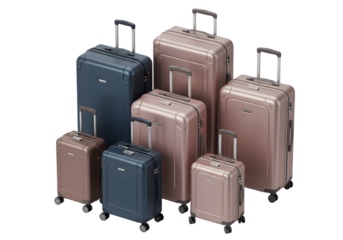 Isolated PNG Image Of Wheeled Luggage Set Collection In Blue And Brown