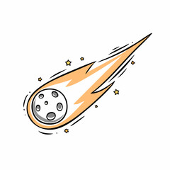 Cute Hand-Drawn Style Meteor with Fiery Trail and Stars on White Background

