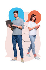 3d creative artwork template collage of smiling lady guy chatting instagram twitter telegram...