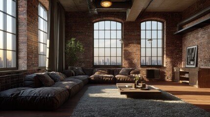 Fototapeta premium Stylish urban living room with large windows, cozy seating, and modern decor, perfect for relaxation and inspiration.